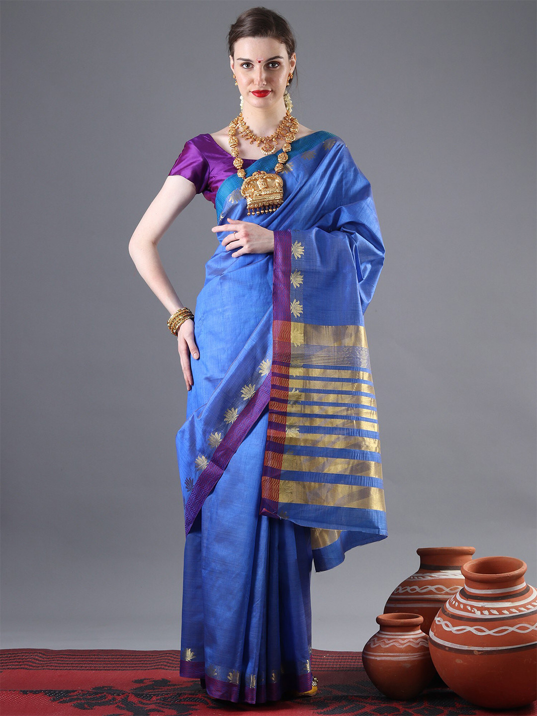 Exotic India Blue Golden Zari Woven Saree with Stripe Pallu and Lotus-Wave Motif Border