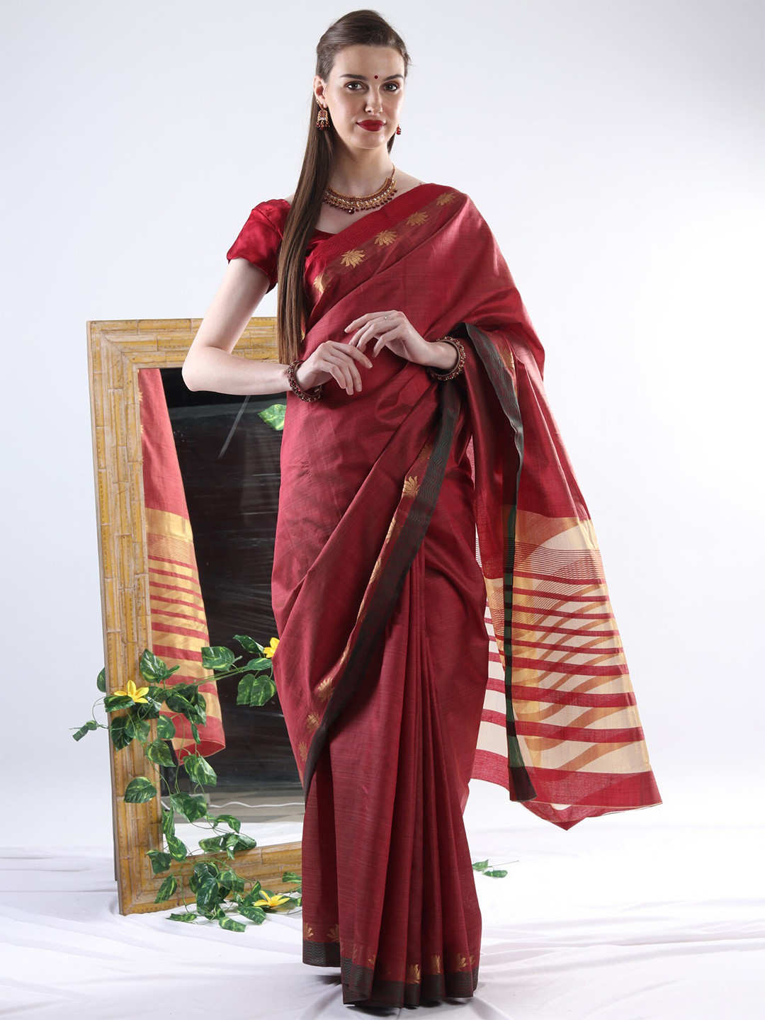 Exotic India Maroon Golden Zari Woven Saree with Stripe Pallu and Lotus-Wave Motif Border