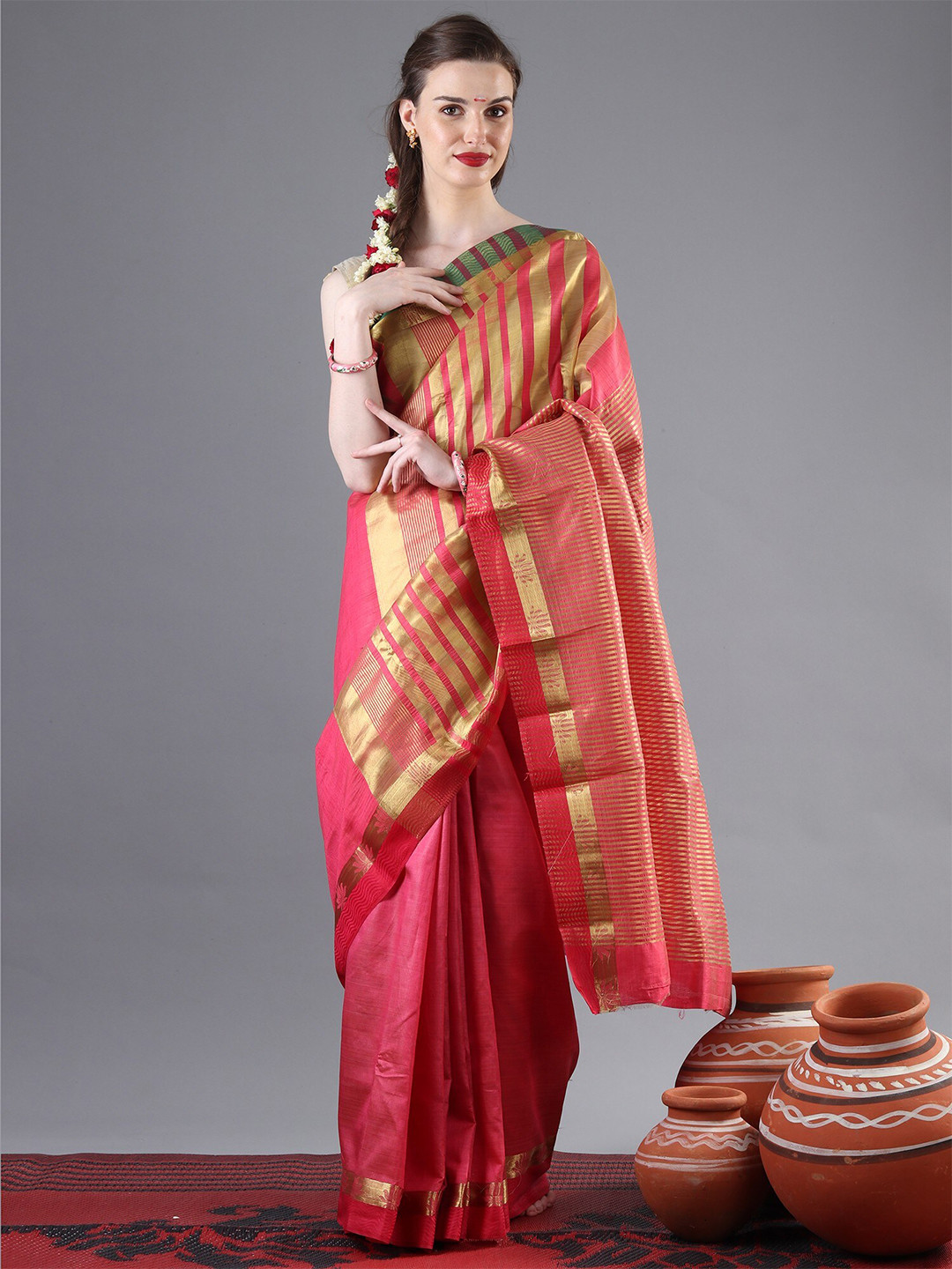 Exotic India Pink Golden Zari Woven Saree with Stripe Pallu and Lotus-Wave Motif Border