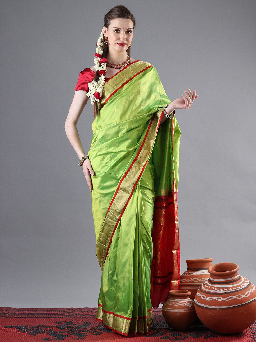 Exotic India Spring Bud Zari Brocade Mor Pallu Paithani Saree with Chattai Border