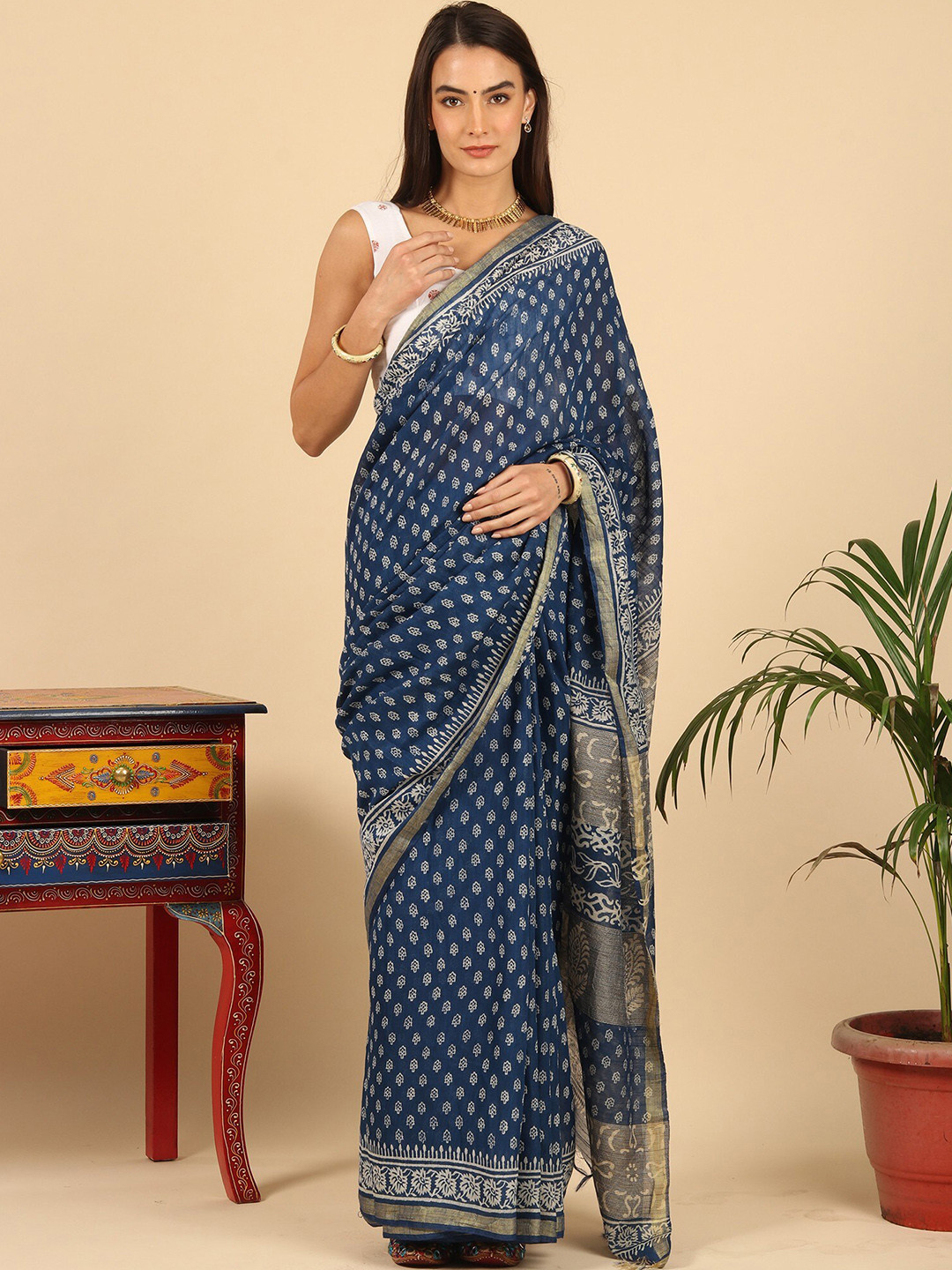 Exotic India Navy Pure Cotton Floral Patterns Saree with Zari Border