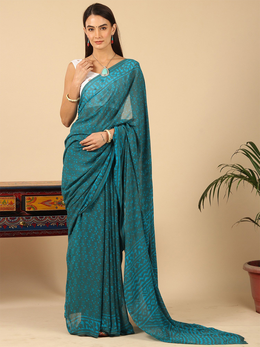 Exotic India Georgette Blue Jewel Saree with Floral Hand Print Badu Pattern
