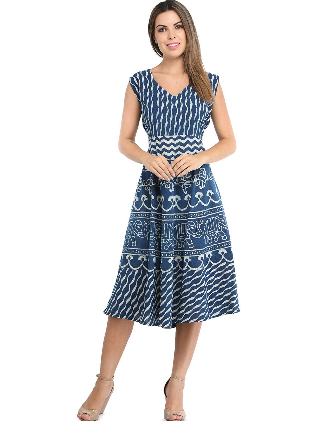 Exotic India Women Twilight Blue Abstract Printed Cotton A-Line Dress