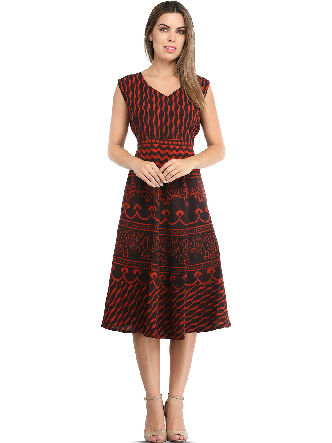 Exotic India Bittersweet Red Block-Printed Elephants Summer Dress with Dori on Back