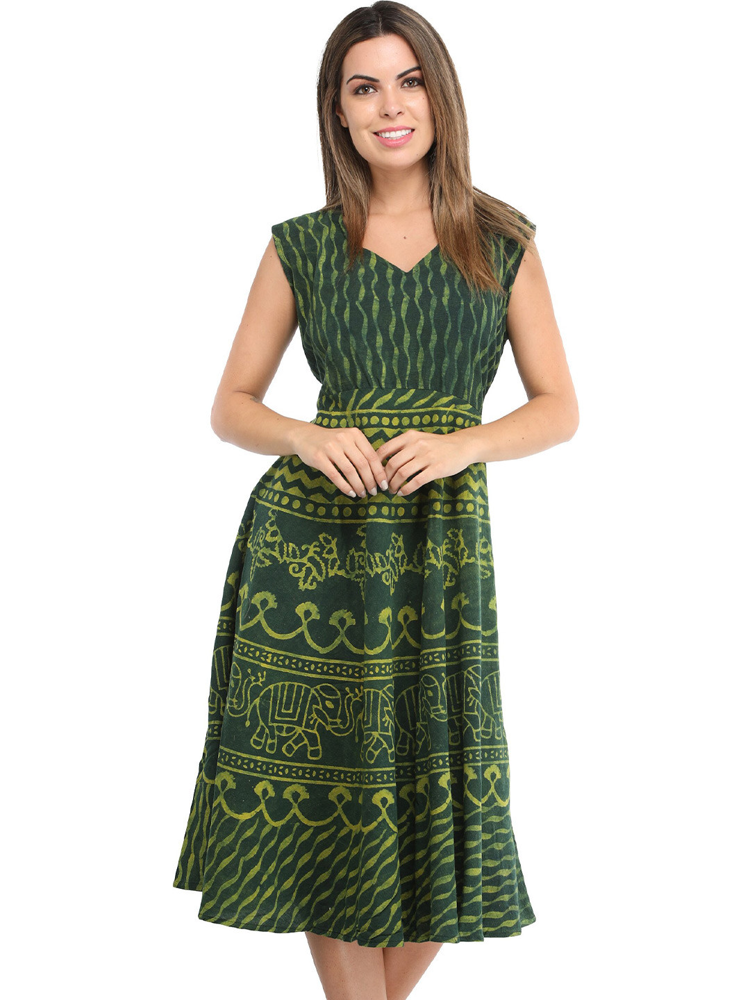 Exotic India Hunter Green Block-Printed Elephants Summer Dress with Dori on Back