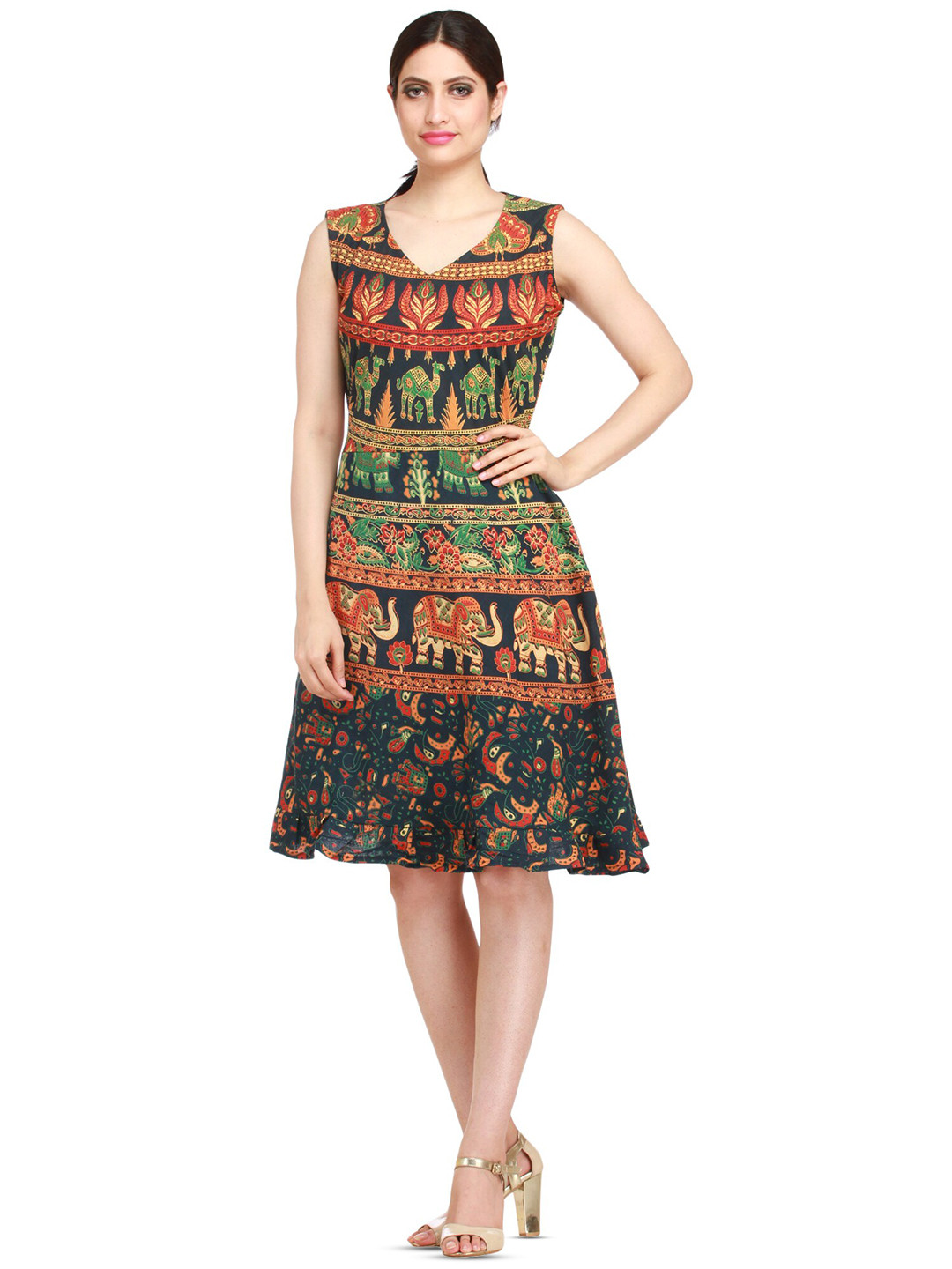 Exotic India Ponderosa Pine Elephants and Camels Printed Pure Cotton Summer Dress