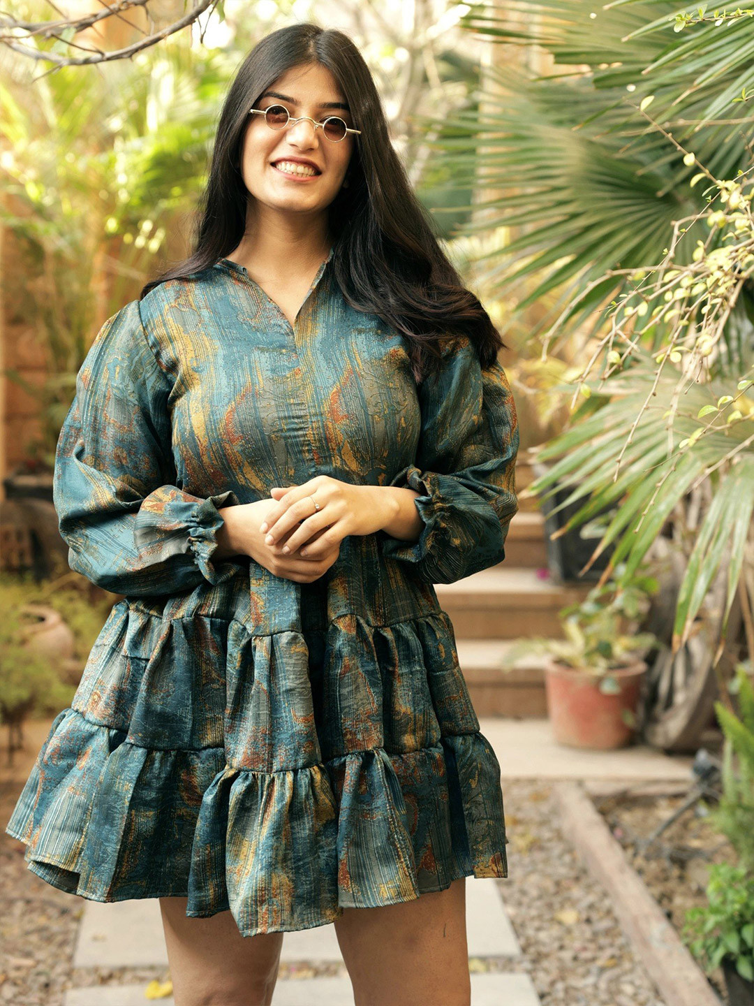 Exotic India Green Heron Vintage Pure Silk Frill Dress