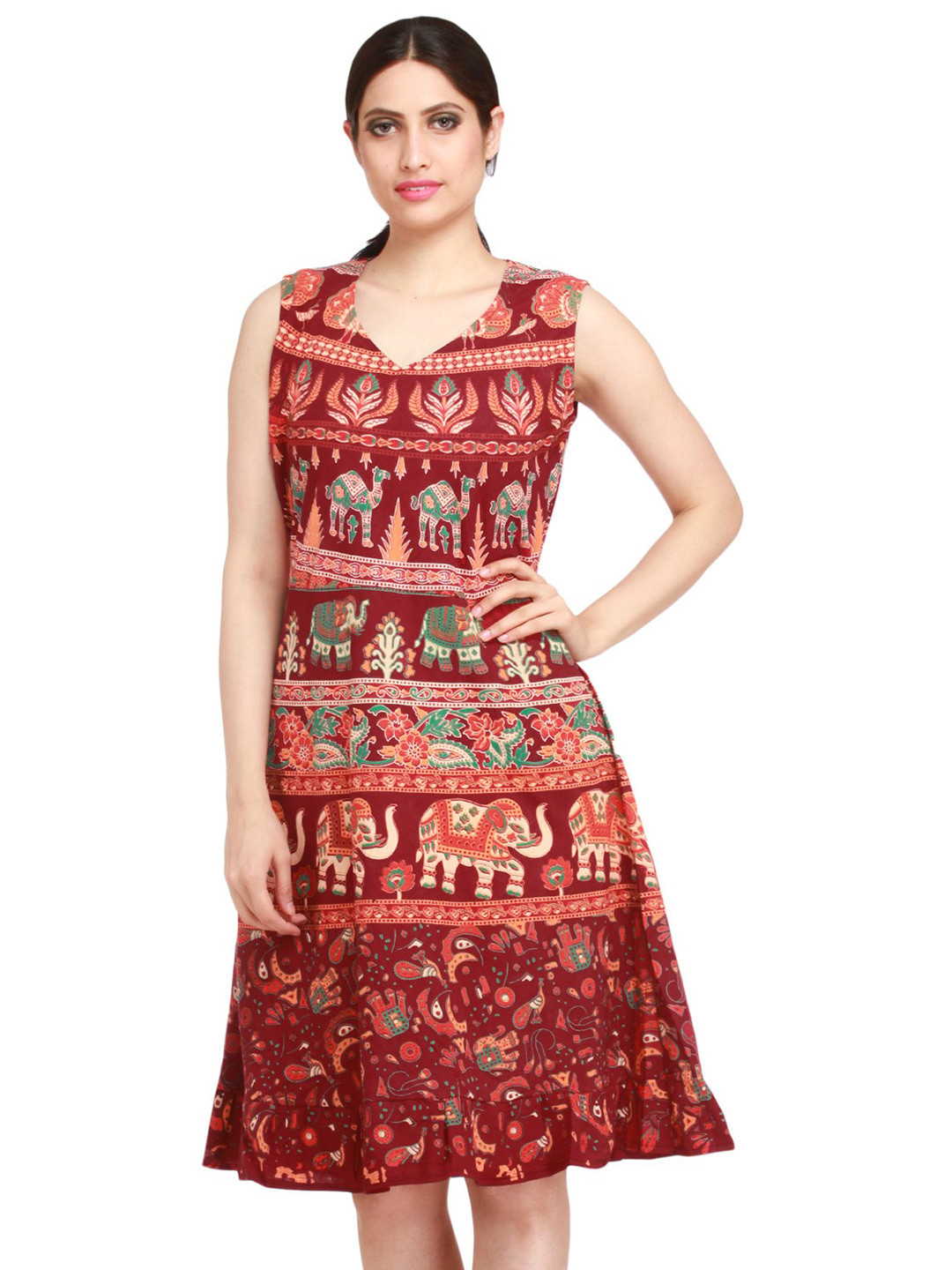 Exotic India Tawny Port Elephants and Camels Printed Pure Cotton Summer Dress