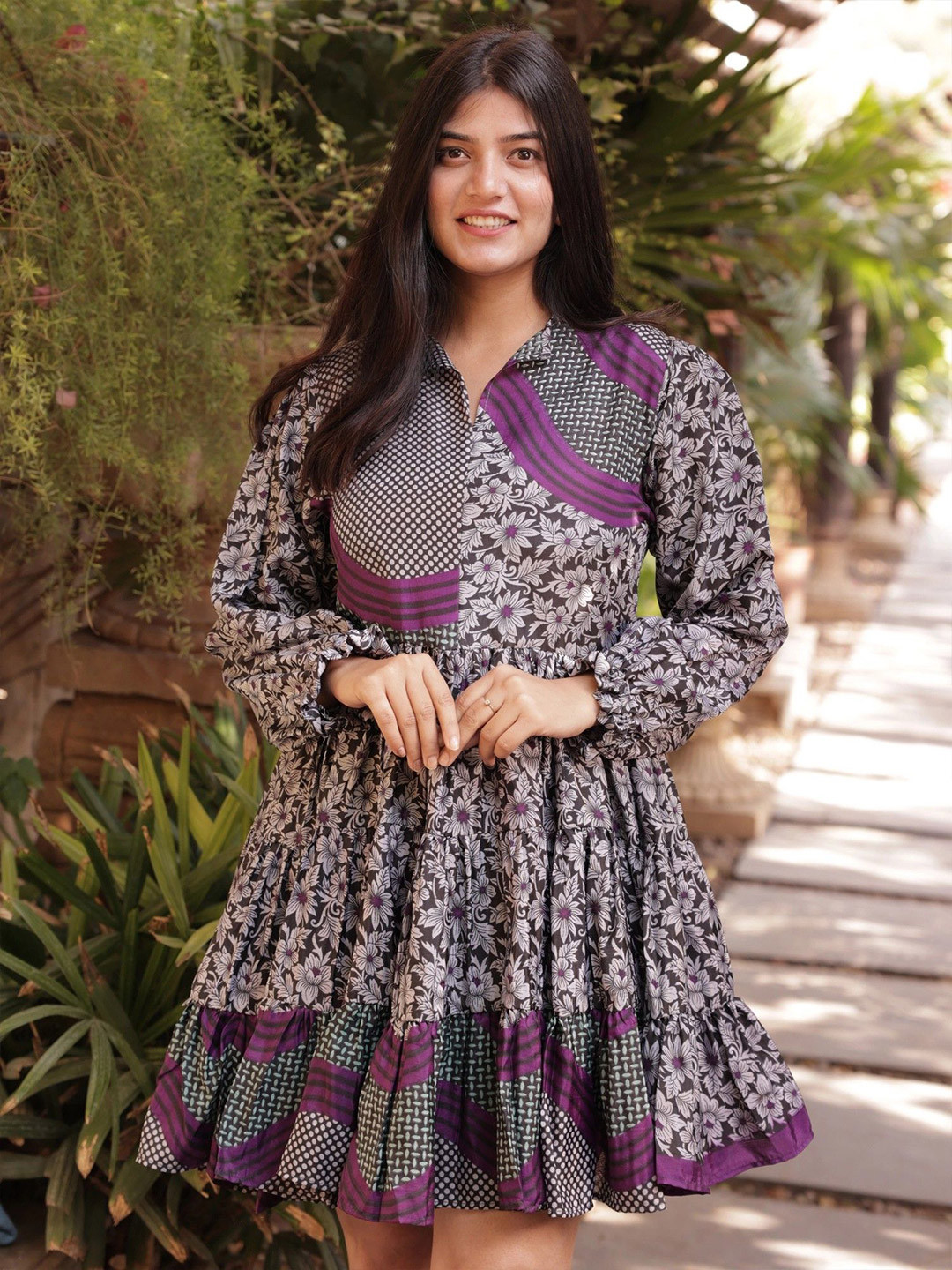 Exotic India Vintage Pure Silk Caviar Black Frill Dress