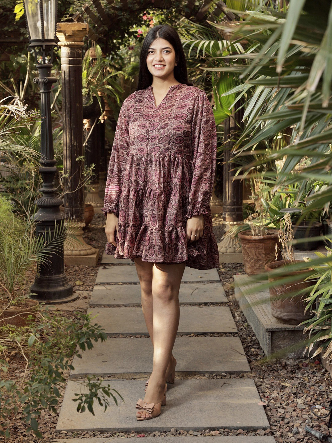 Exotic India Vintage Pure Silk Frill Misty Rose Dress