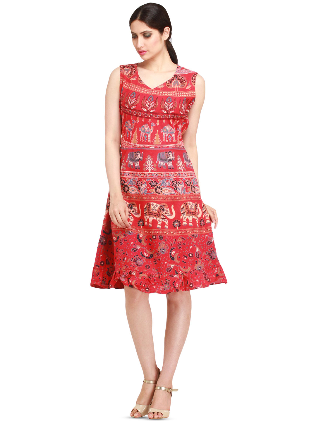 Exotic India Elephants & Camels Printed Pure Cotton Summer Dress