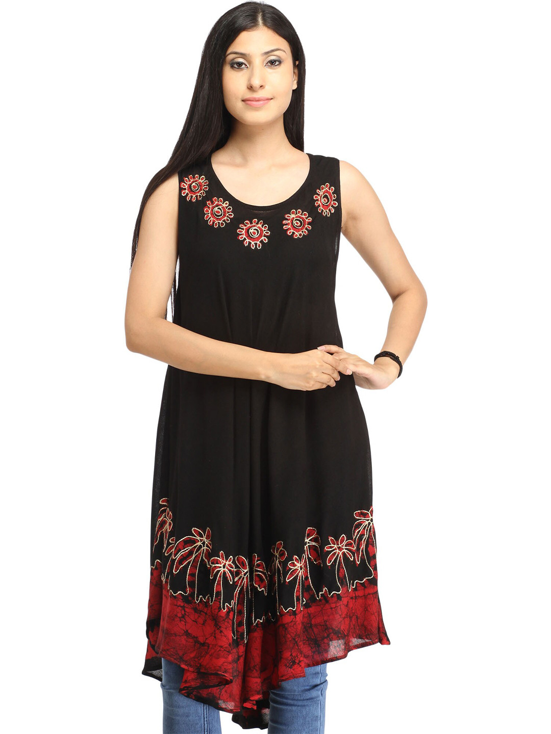 Exotic India Black And Maroon Batik-Dyed Printed Trees Dress with Threadwork