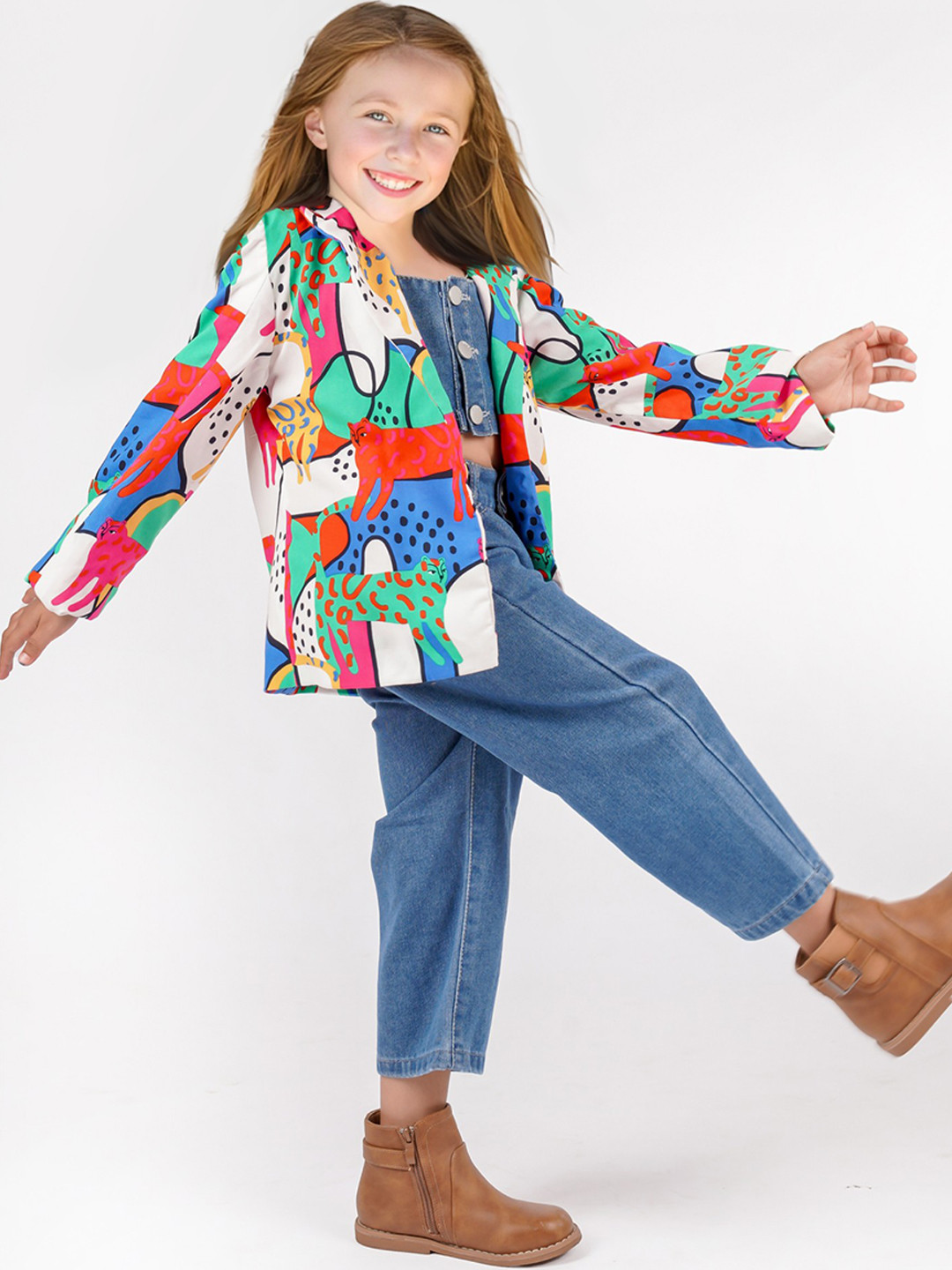 Safehugs Girls Comfort Fit Graphic Printed Peaked Lapel Collar Open Front Cotton Blazer