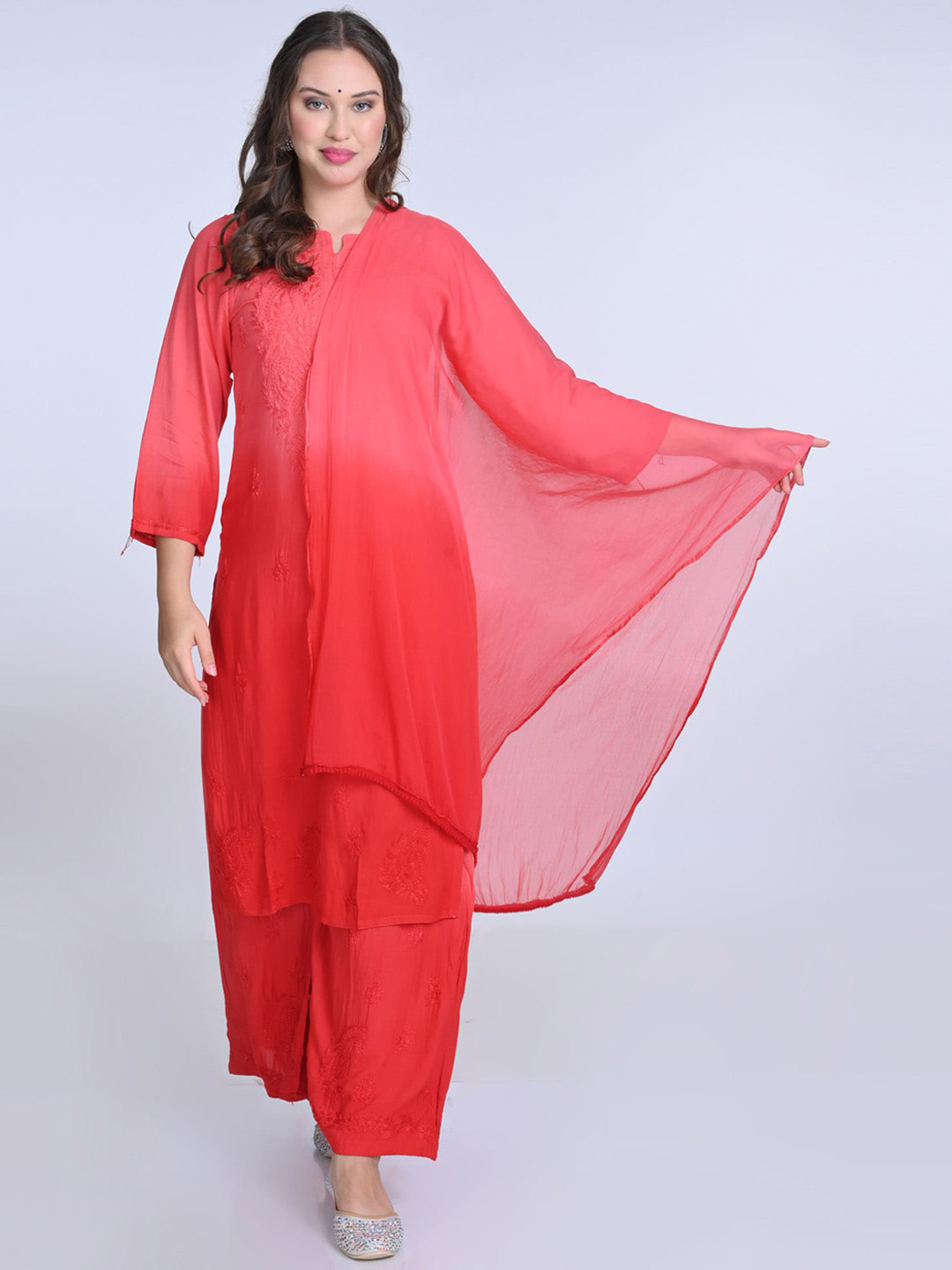 KHAKA Ombre Embroidered Regular Chikankari Kurti with Palazzos & With Dupatta