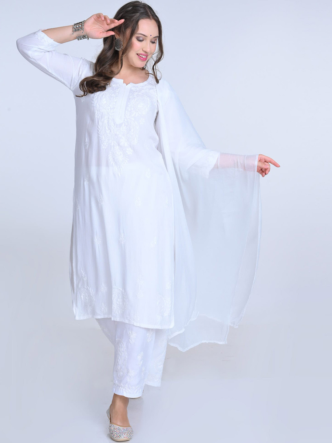 KHAKA Embroidered Regular Chikankari Kurti with Palazzos & With Dupatta