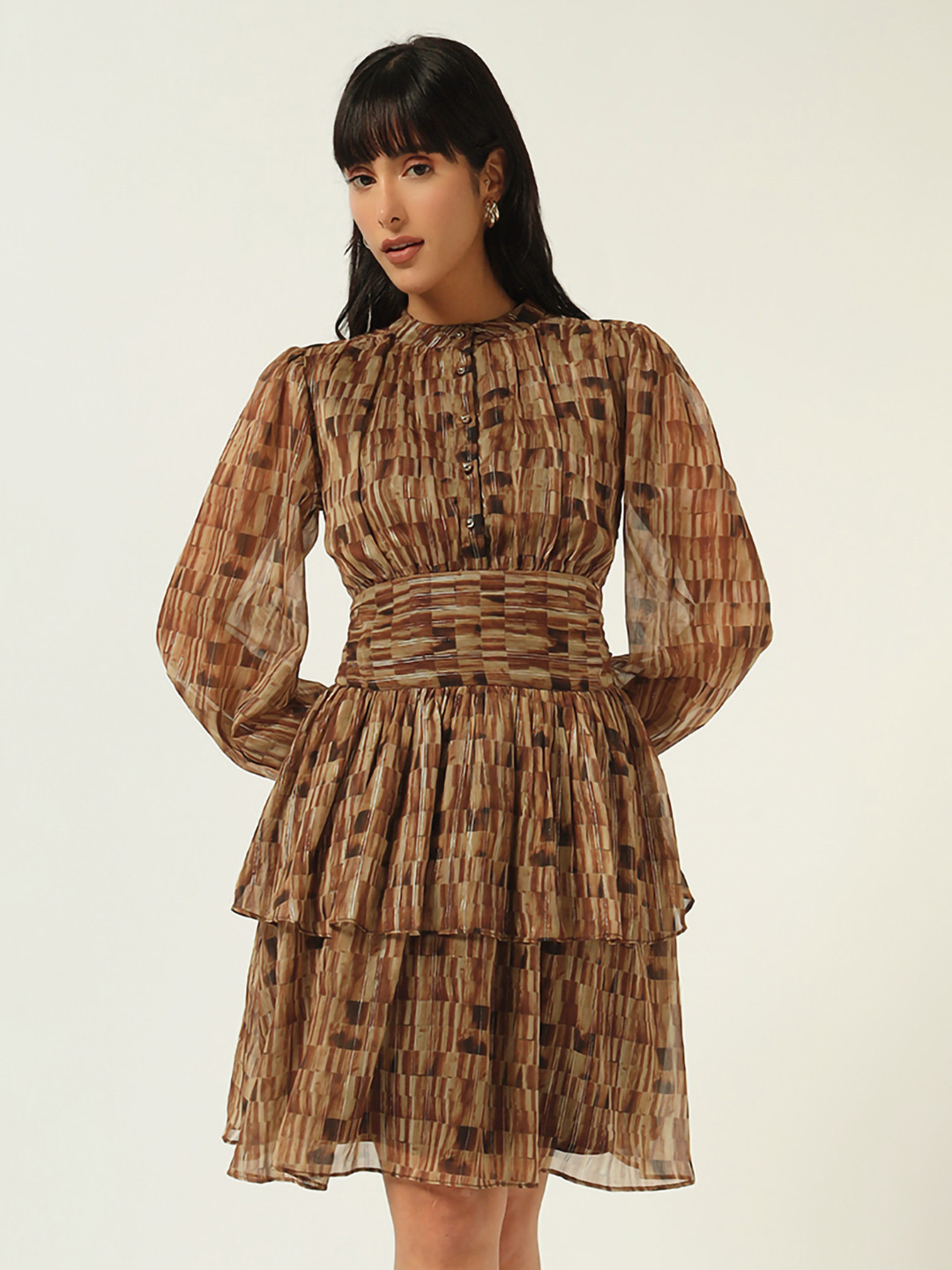 Beatnik Abstract Printed Mandarin Collar Full Sleeve Georgette Fit & Flare Dress