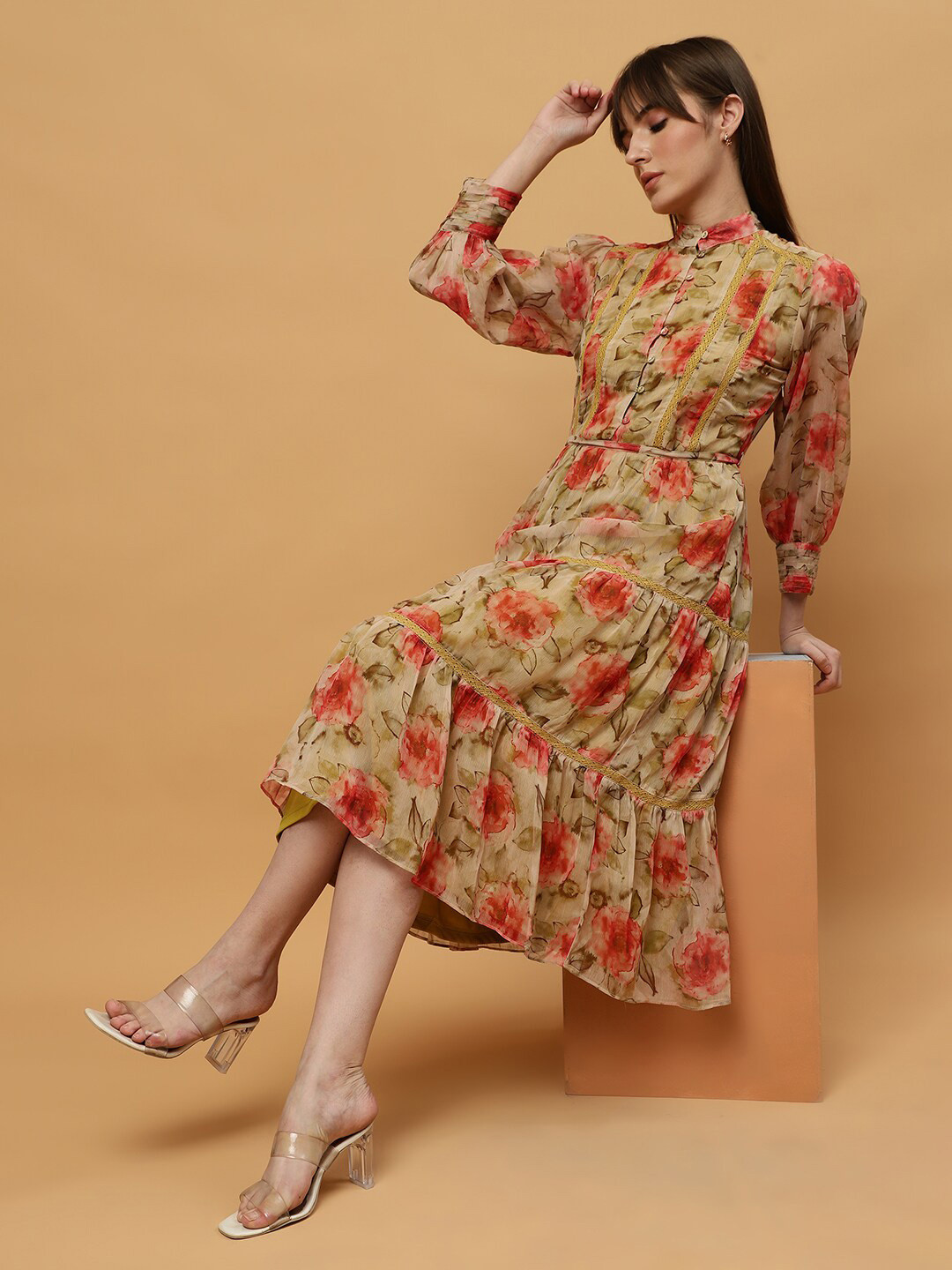 Beatnik Floral Printed Mandarin Collar Full Sleeve Chiffon A-Line Maxi Dress