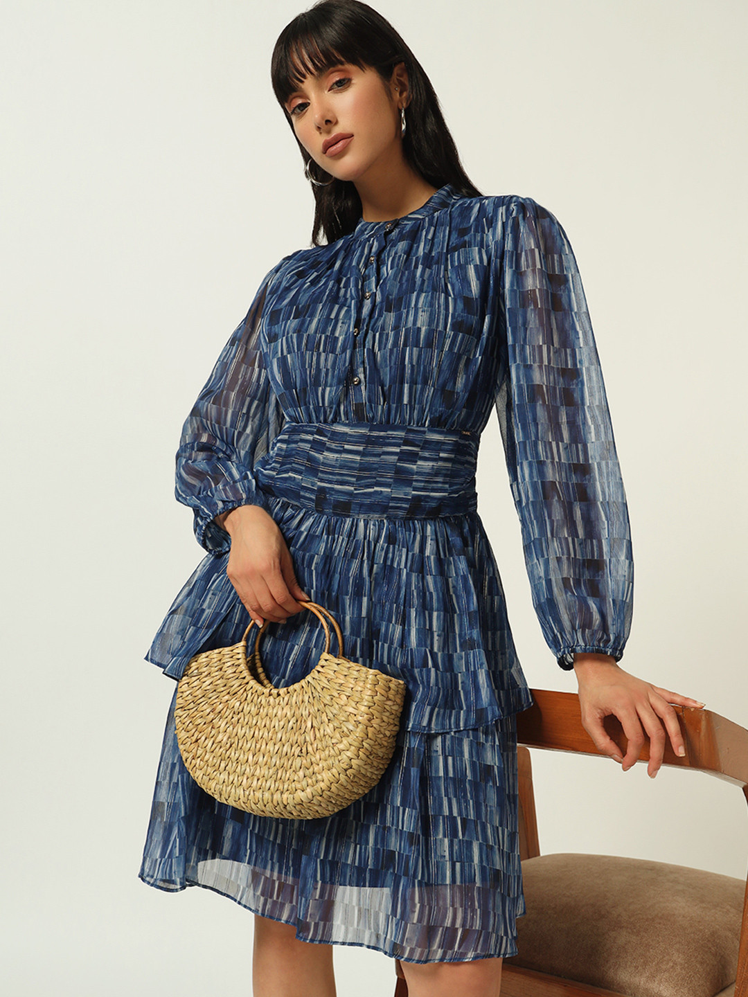 Beatnik Abstract Print Bell Sleeve Georgette Fit & Flare Dress