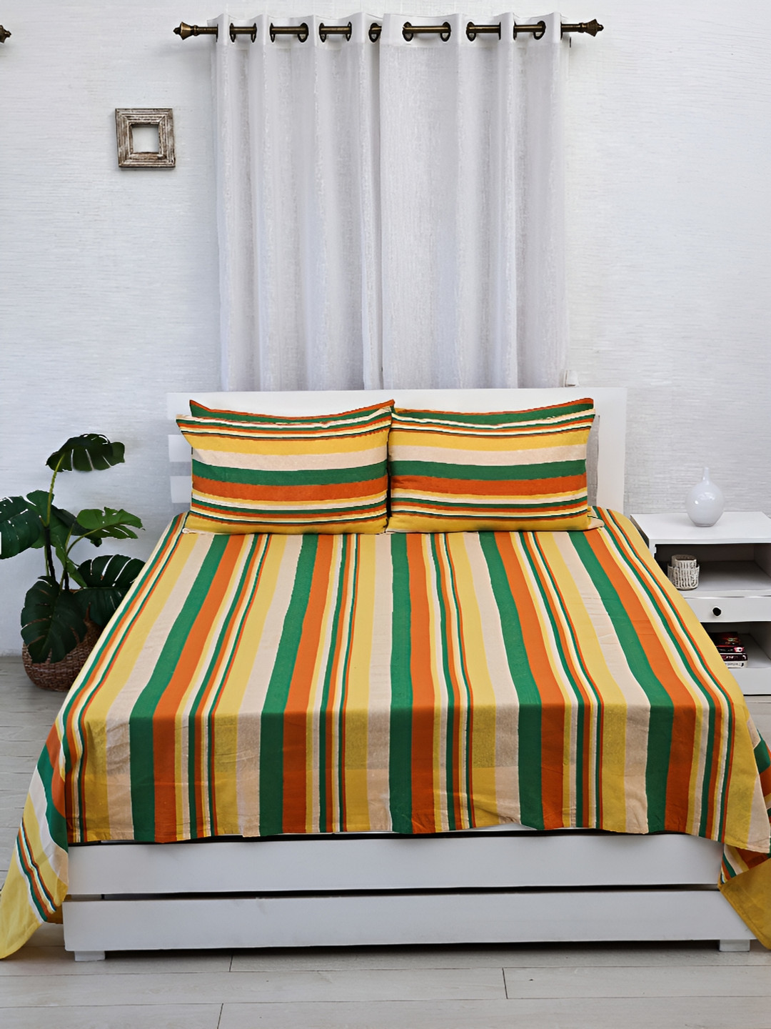 Ariana Yellow & Green 3 Striped 240 TC Pure Cotton Double Queen Bed Covers