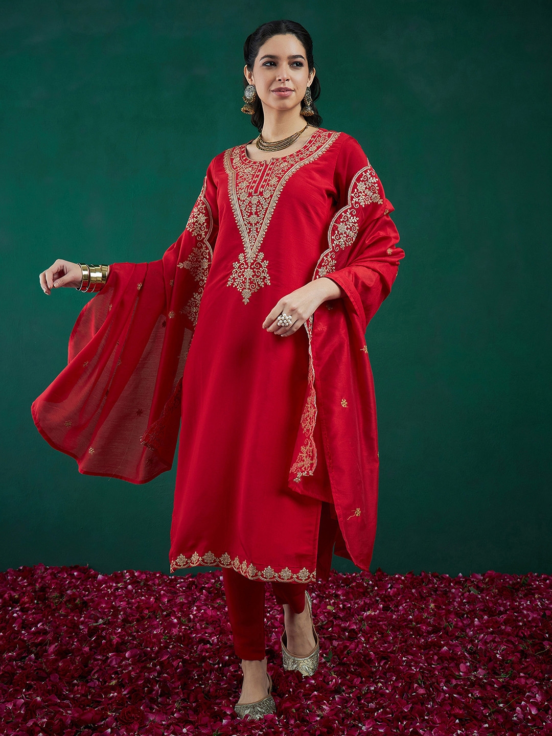 Indo Era Red Ethnic Motifs Embroidered Regular Kurta With Trousers & Dupatta - Kurta Sets for Women 29499644 | Myntra