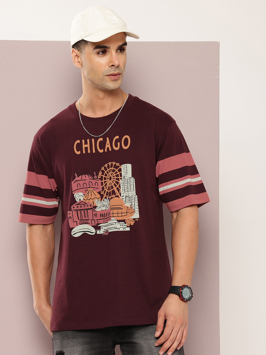 DILLINGER Men Varsity Printed Drop-Shoulder Sleeves Oversized Pure Cotton T-shirt