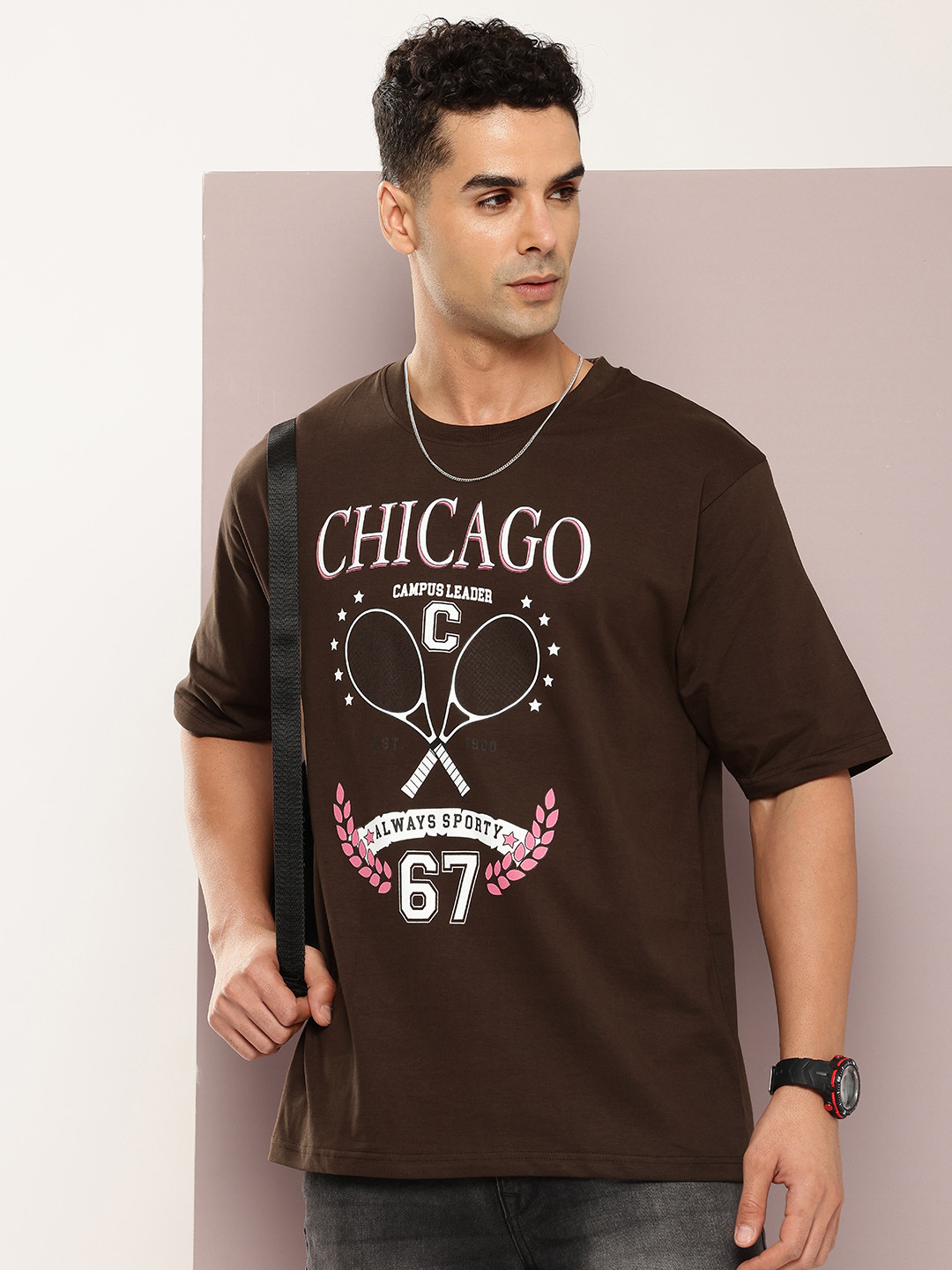 Brown Typography Printed Longline Round Neck T-shirt