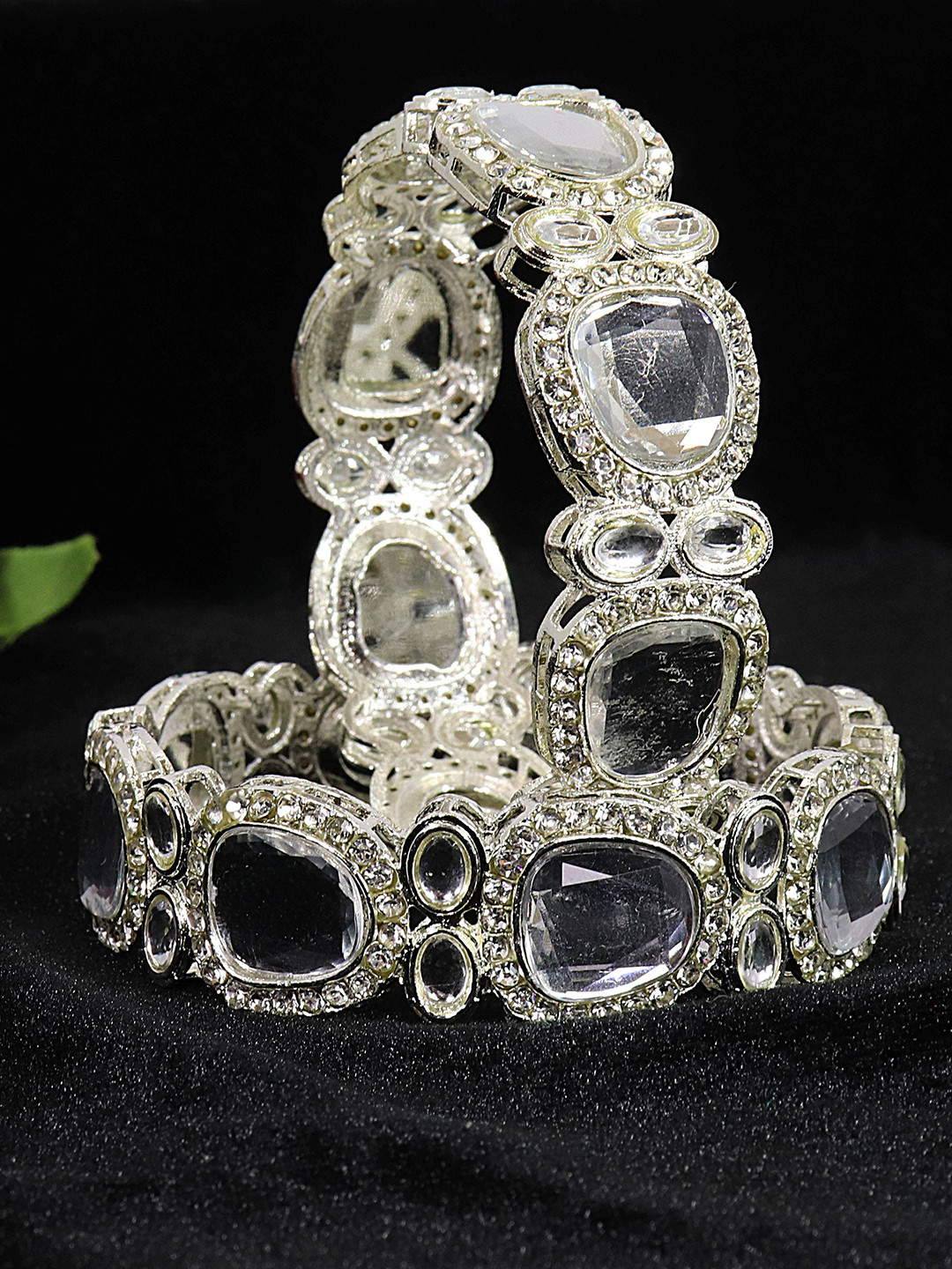 NMII Set of 2 Silver-Plated Kundan Stone & American Diamond Bangles