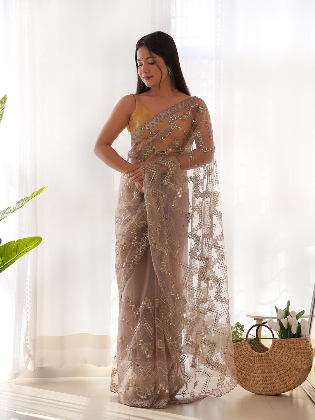RV CREATION Sequinned Net Designer Saree