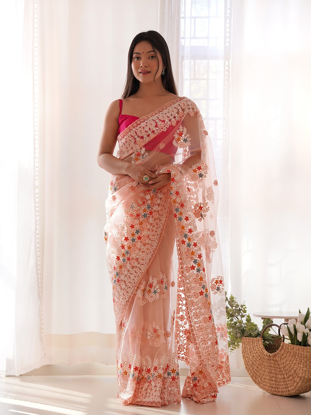 RV CREATION Embellished Beads and Stones Net Saree