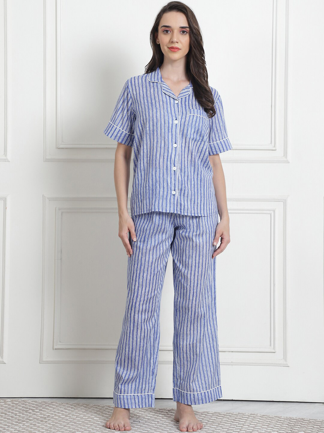 Secret Wish Striped Pure Cotton Shirt With Pyjamas