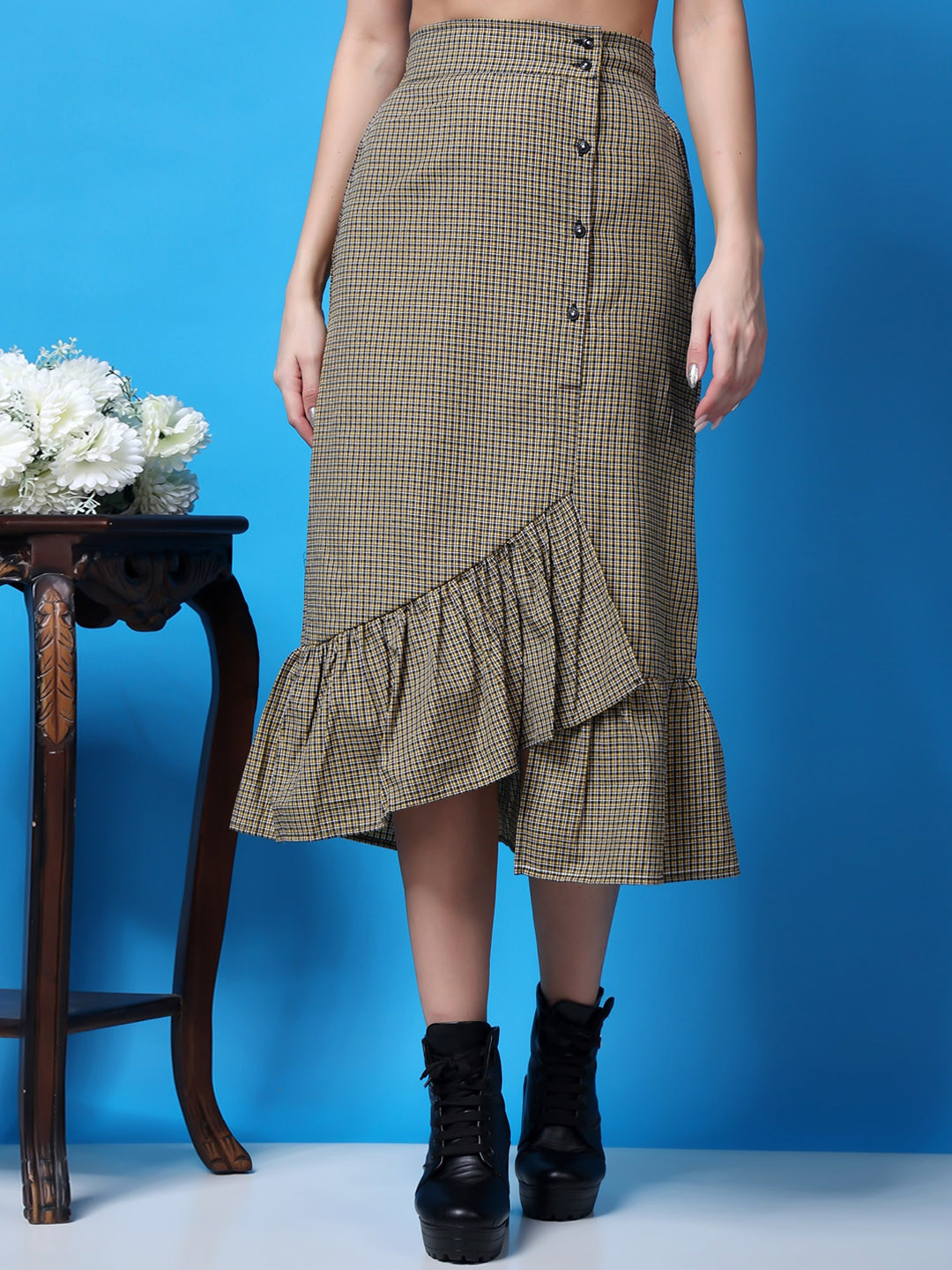 Popwings Checked Pure Cotton A-Line Midi Layered Frill Hem Skirt