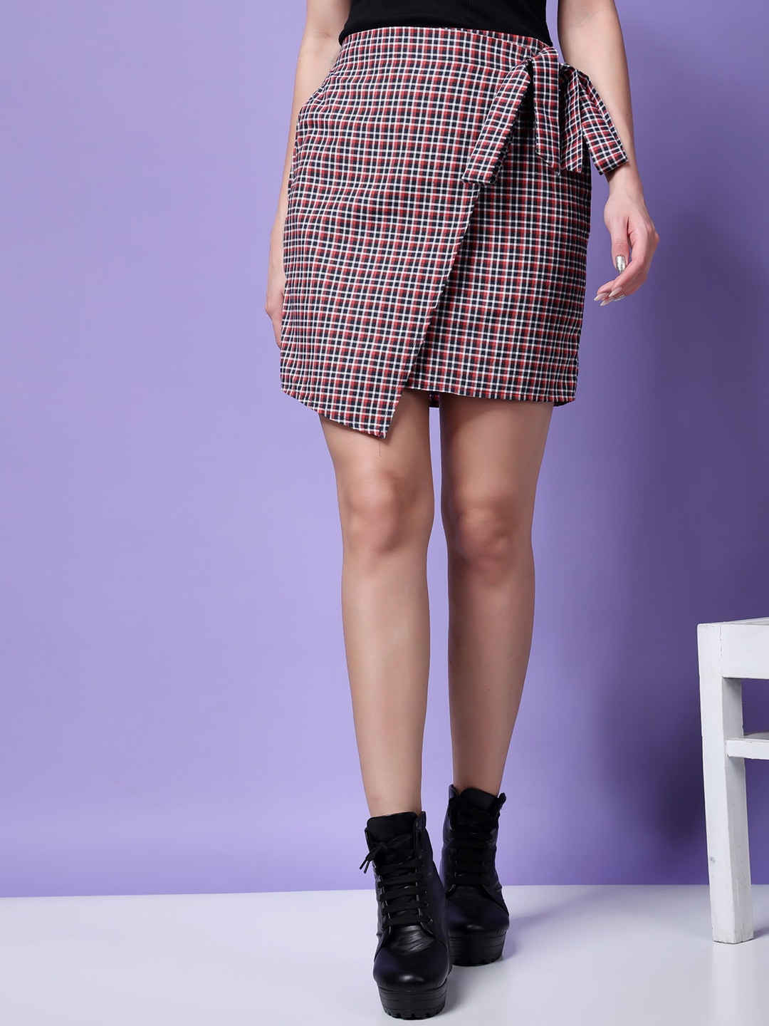 Popwings Checked Above Knee Cotton Wrap Skirt