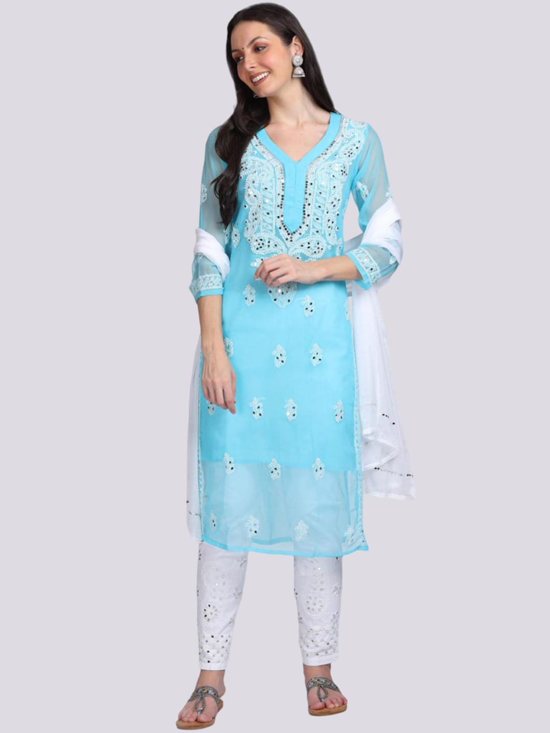 KHAKA Ethnic Motifs Embroidered V-Neck Georgette Mirror Work Straight Kurta Set