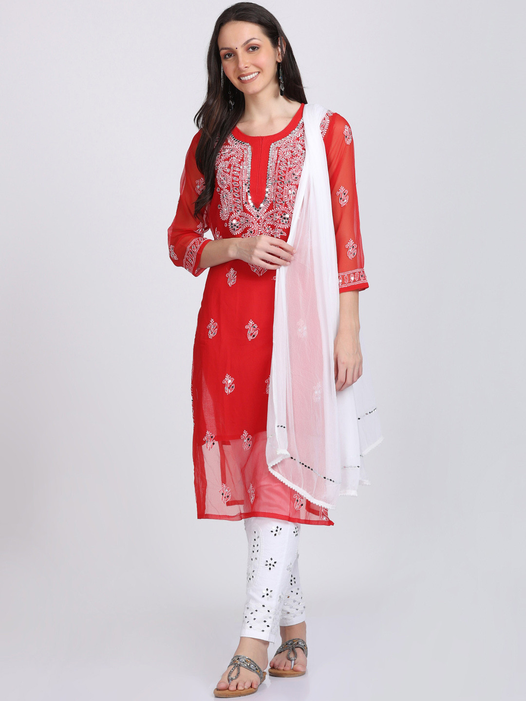 KHAKA Ethnic Motifs Embroidered Round Neck Georgette Chikankari Straight Kurta Set
