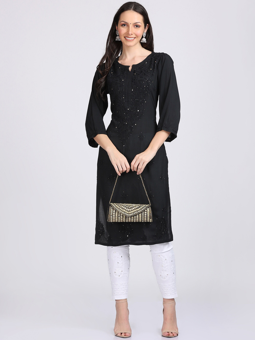 KHAKA Floral Embroidered Round Neck Three-Quarter Chikankari Straight Kurta With Trouser
