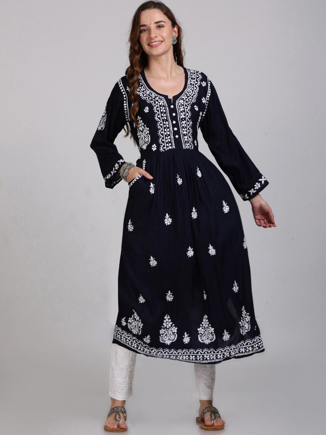 KHAKA Floral Embroidered Angrakha Chikankari Anarkali Kurta with Trousers