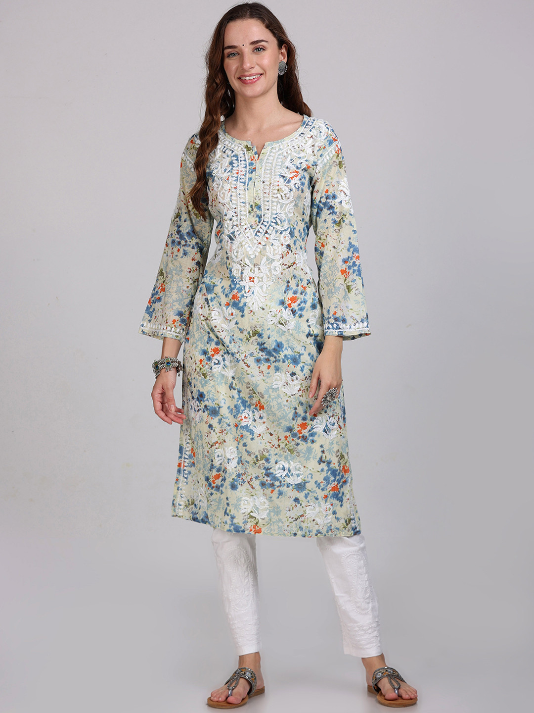 KHAKA Floral Printed Regular Chikankari Thread Work Straight Kurta With Trousers
