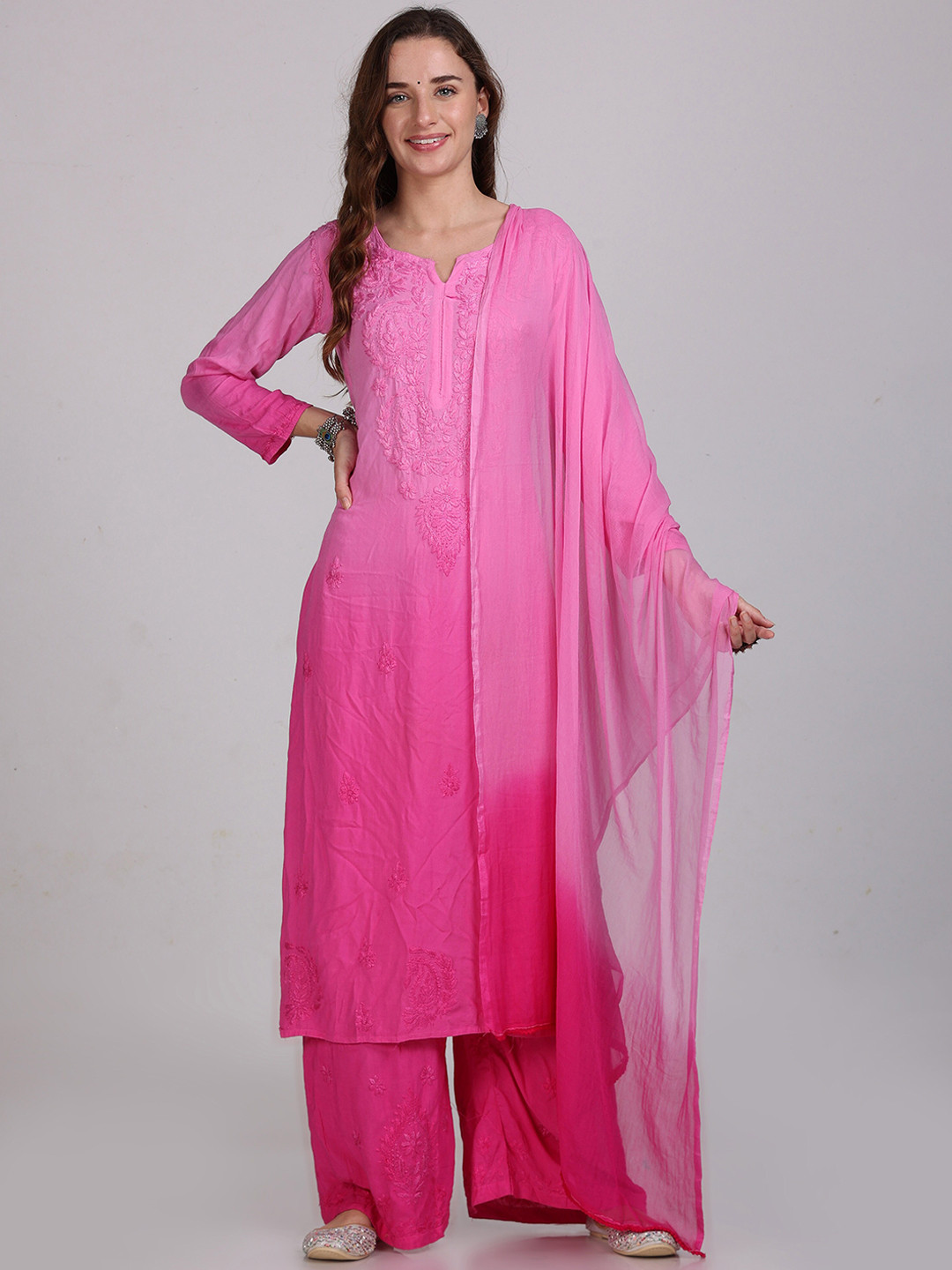 KHAKA Floral Embroidered Three-Quarter Chikankari Straight Kurti With Palazzos & Dupatta