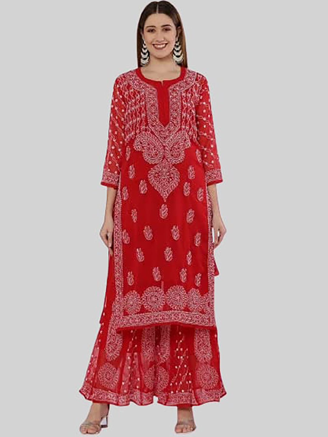 KHAKA Floral Embroidered Three-Quarter Sleeves Chikankari Straight Kurta with Sharara