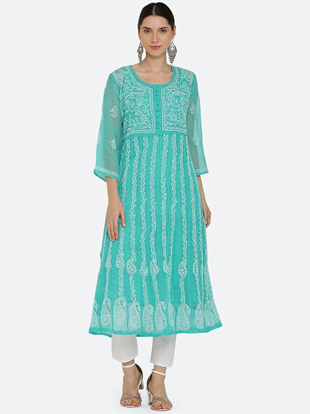 KHAKA Ethnic Motifs Embroidered U-Neck Georgette Panelled Chikankari Kurta With Trouser