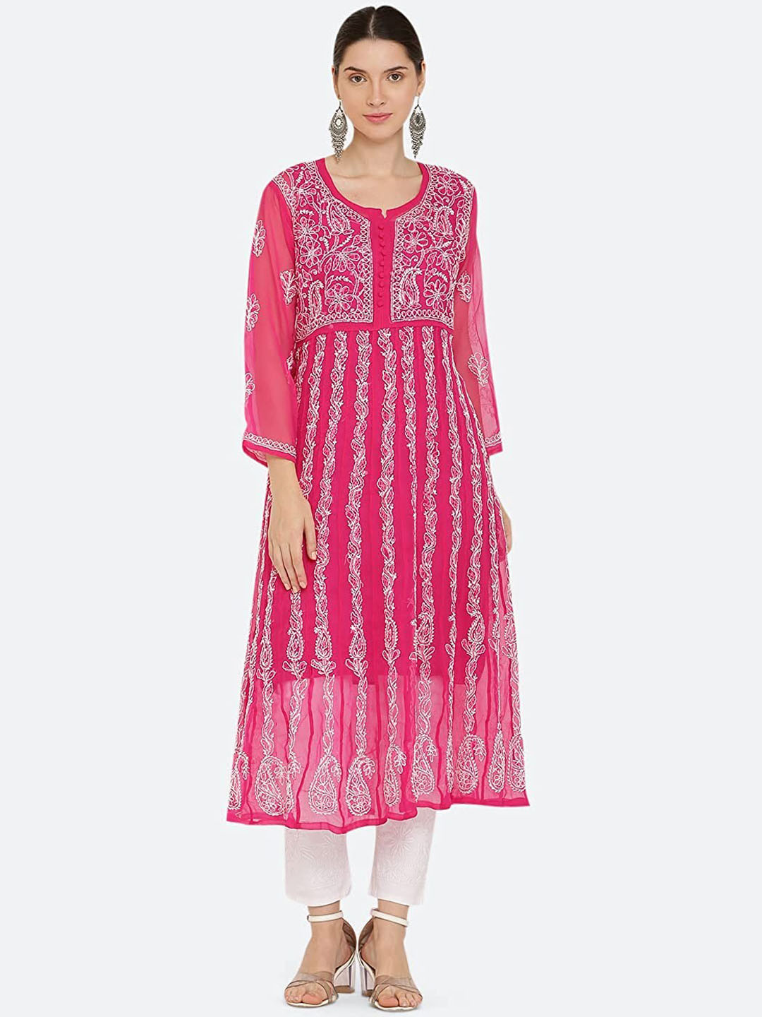 KHAKA Floral Embroidered Flared Georgette Chikankari A-Line Kurta With Trouser