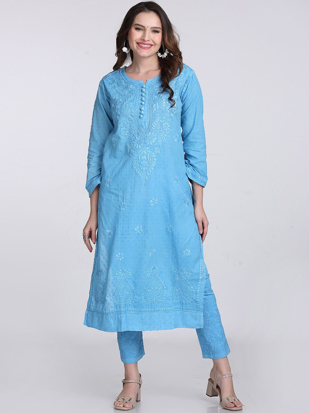 KHAKA Floral Embroidered Round Neck Chikankari Pure Cotton Straight Kurta with Trousers