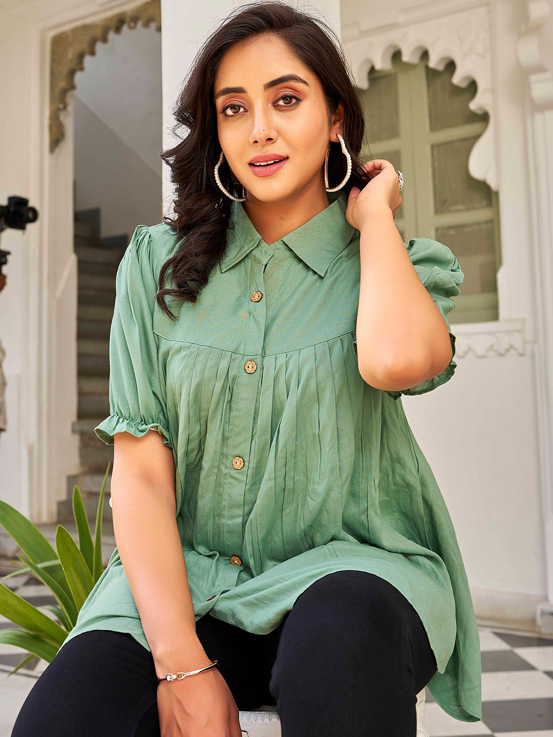 Puretouch Shirt Collar Puff Sleeves Gathers Tunic