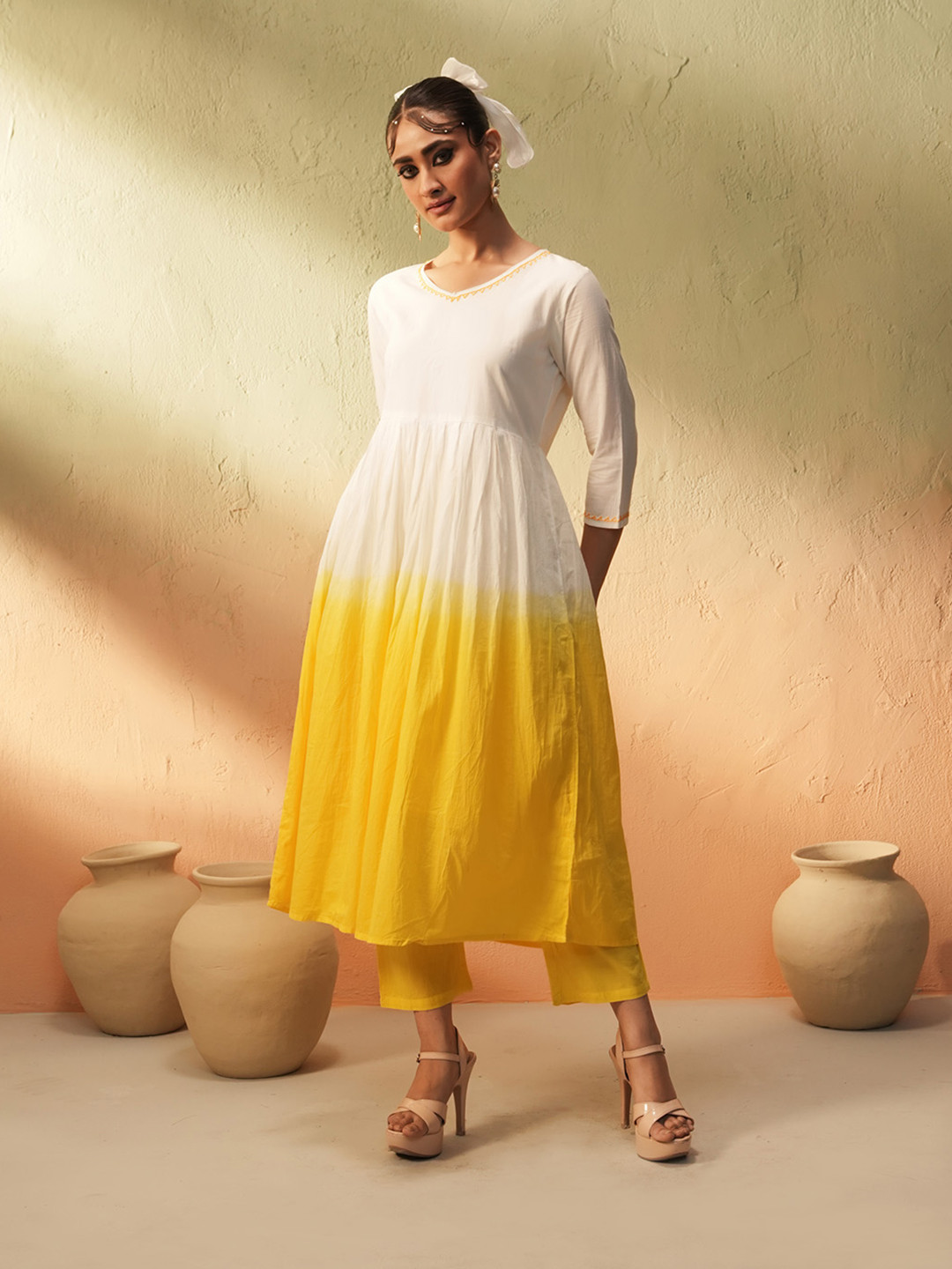 Ishin Yellow Ombre Dyed Angrakha Pure Cotton Anarkali Kurta With Trousers