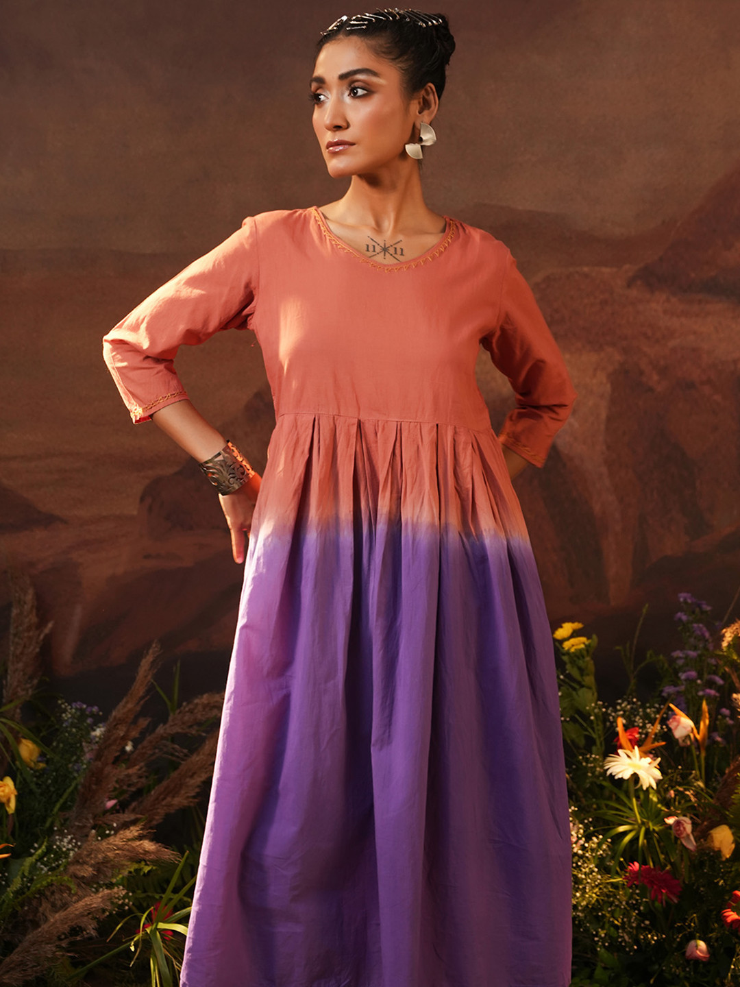 Ishin Rust Ombre Dyed V-Neck Pure Cotton Anarkali Kurta With Trousers