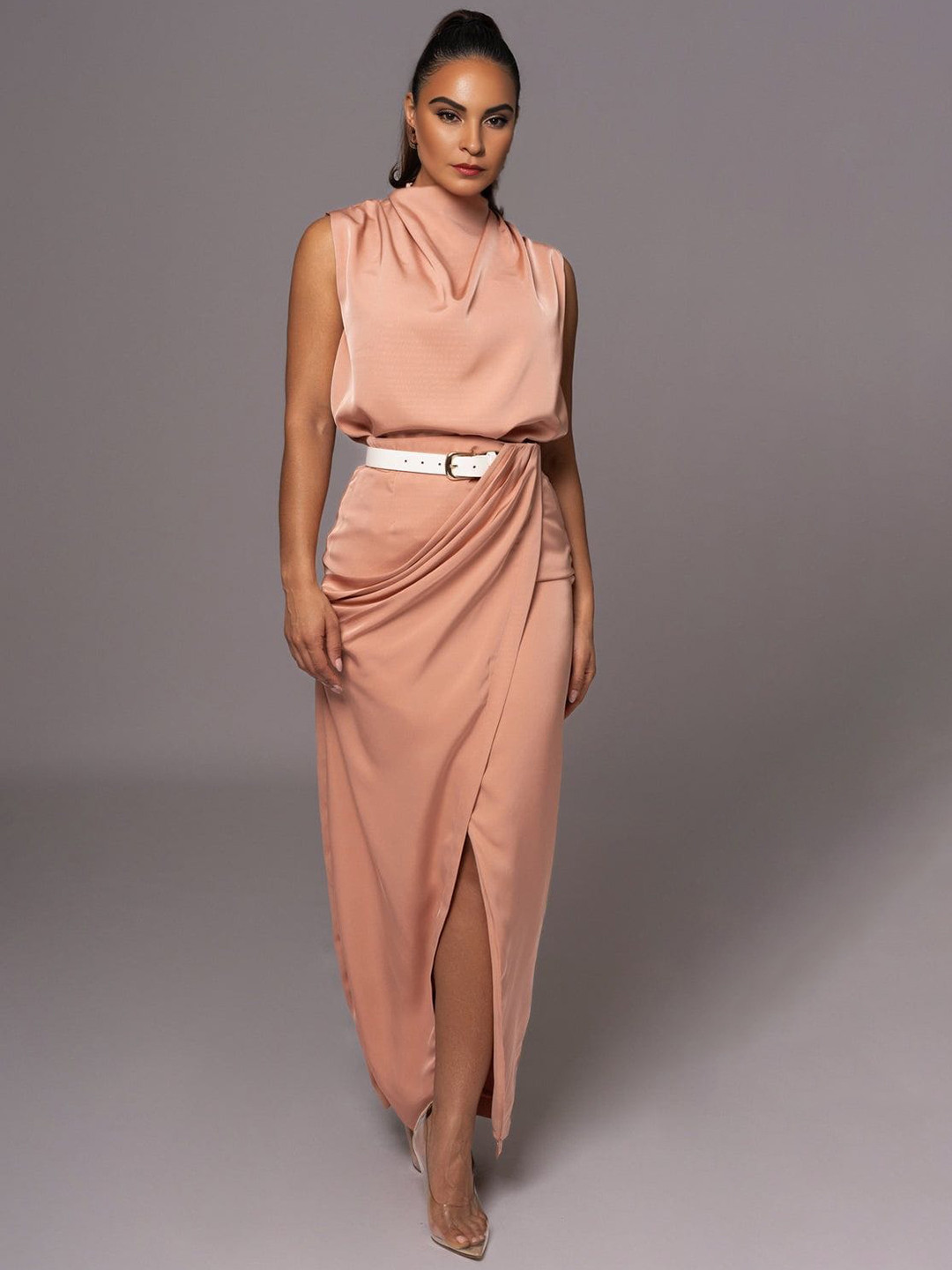 Bee Boe High Neck Sleeveless Draped Top & Skirt