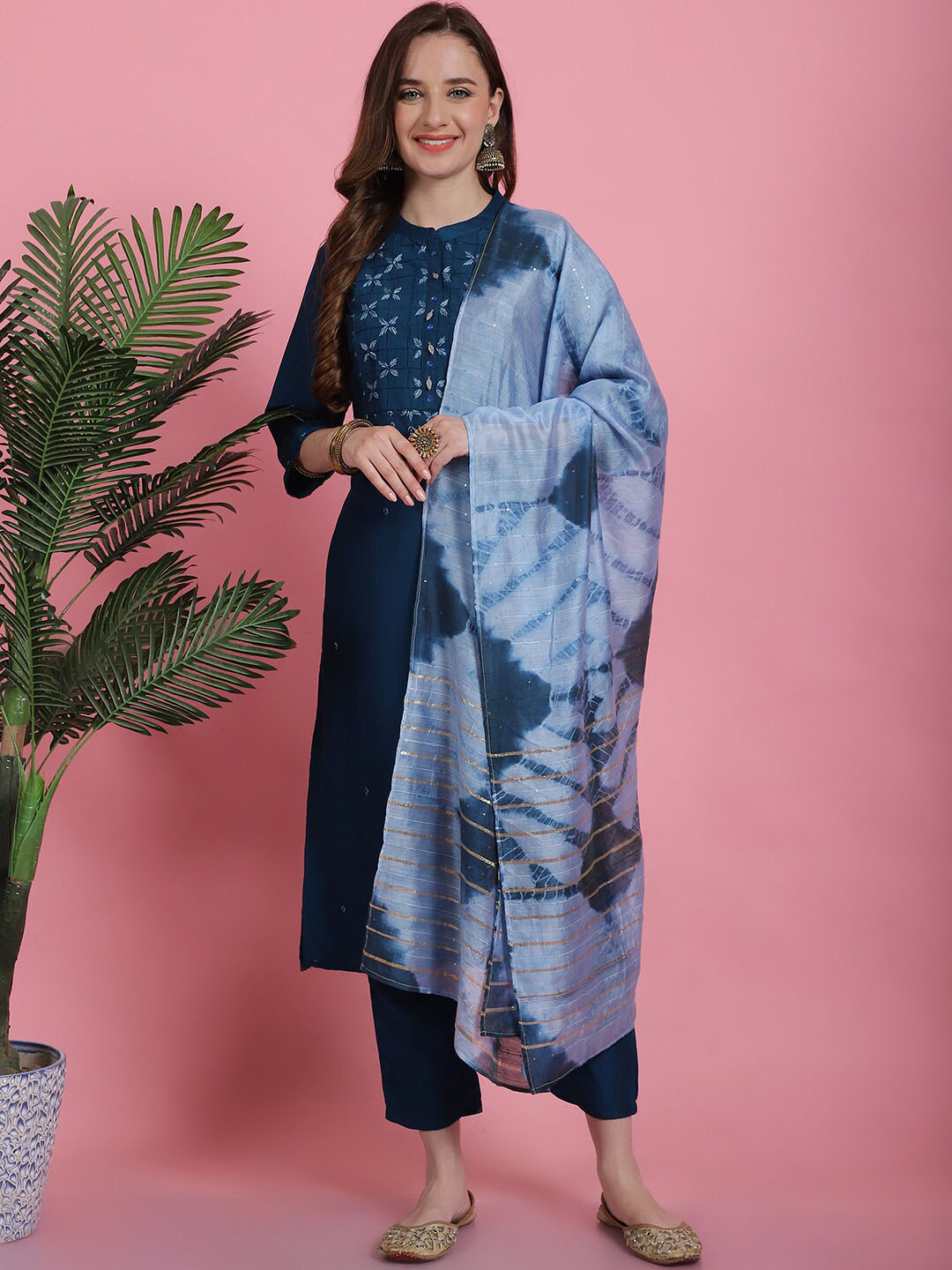 Prakrti Teal Blue Embroidered Regular Thread Work Straight Kurta with Trousers & Dupatta