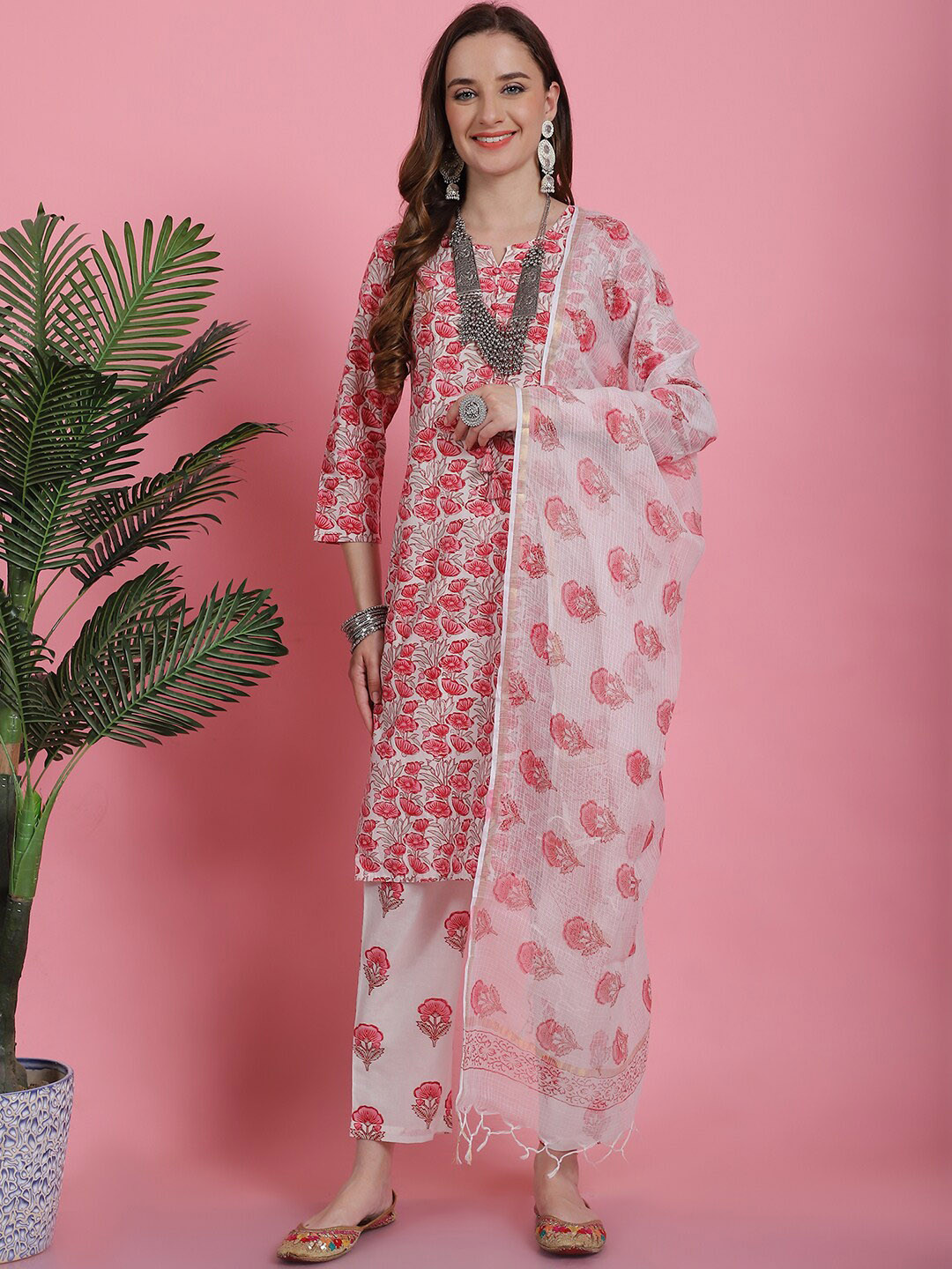Prakrti Coral Floral Printed Regular Pure Cotton Straight Kurta With Trouser & Dupatta