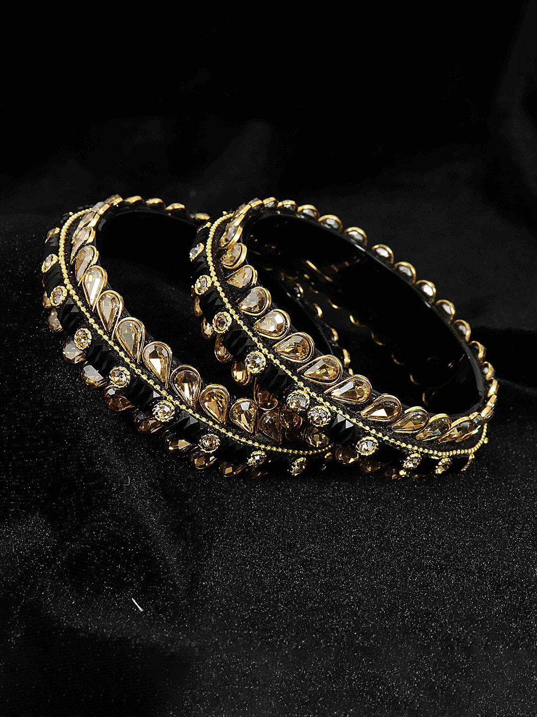 NMII Set Of 2 Zircon & Kundan Stones & Beads Studded Glass Bangles