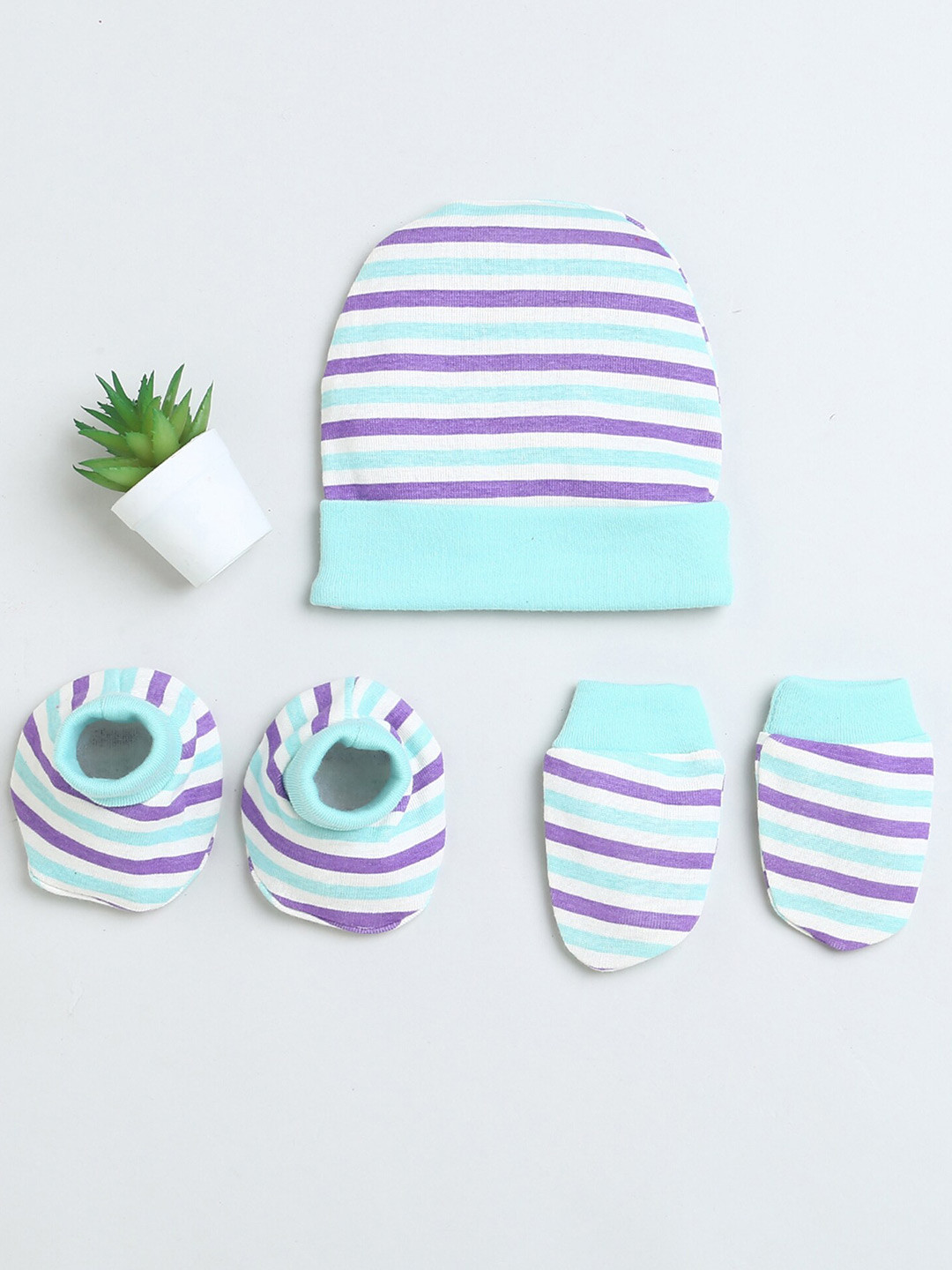 BUMZEE Infant Boys Striped Cotton Beanie With Mitten & Booties